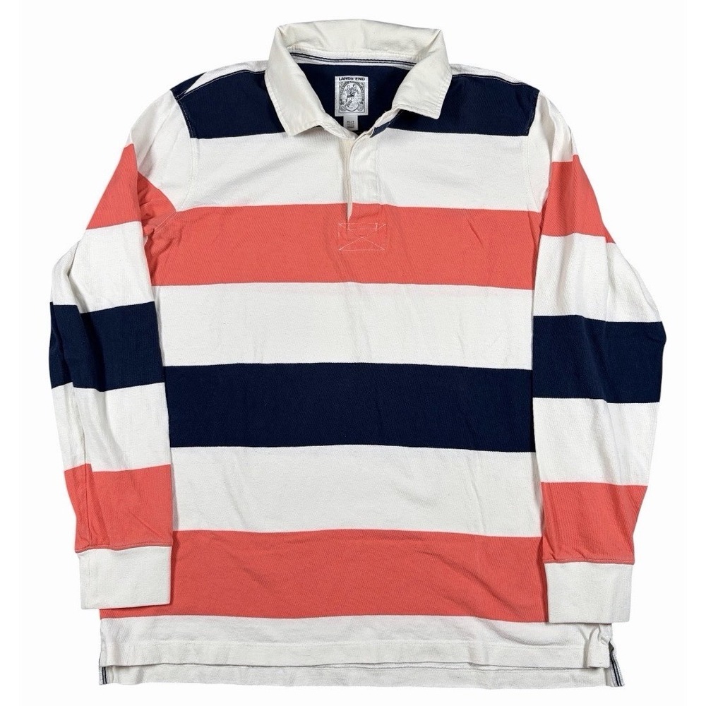 VTG Lands End Rugby Shirt Mens XL Striped Long Sleeve Cotton Polo Heavy